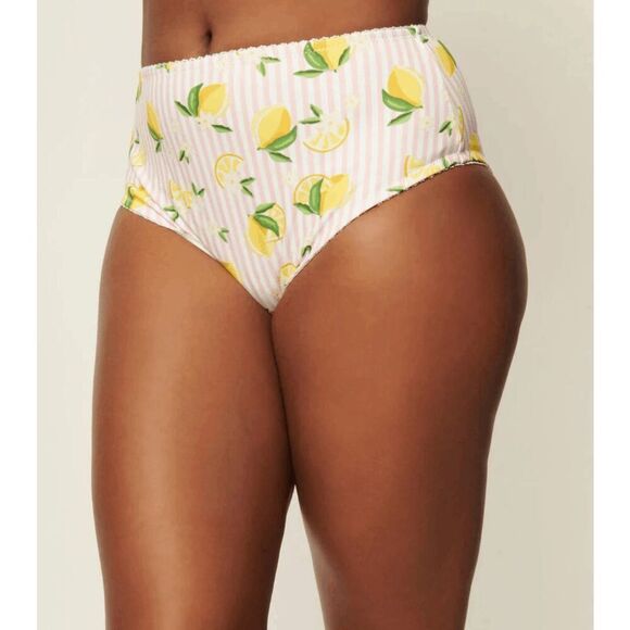 Unique Vintage Lemon Bikini Bottom | XL | High Waist | Pink Striped Pin-Up Swim - Picture 1 of 6